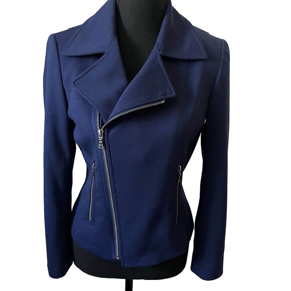 TAHARI blue asymmetrical full-zip jacket side zip pockets notch lapel Small - Picture 1 of 10